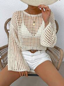 Breezaya Hollow Out Drop Shoulder Open Knit Sweater Without Bra,Long Sleeve Tops Knit Pullover Fall Winter Outfit - Apricot - View 3