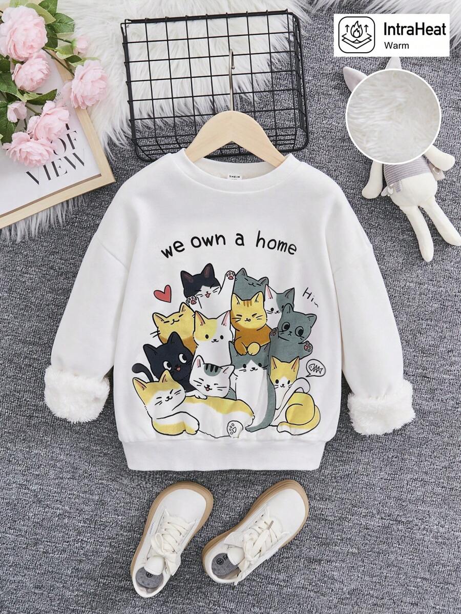 SHEIN Tween Girl Cartoon & Slogan Graphic Thermal Lined Sweatshirt