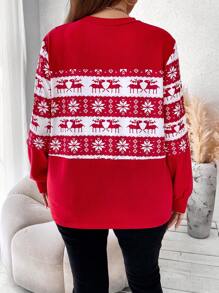 Flirla Plus Christmas Elk Print Sweatshirt Pullover Fall Sweatshirt - Red - View 2