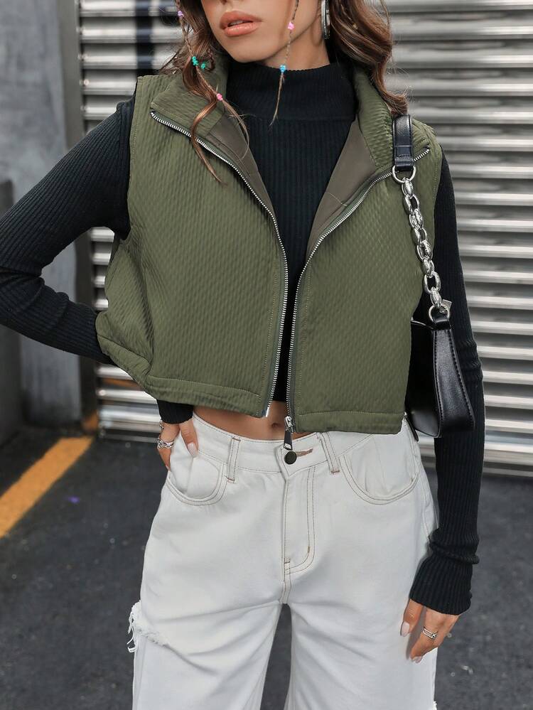 Zip Up Crop Vest Padded Padded Coat Clothes Winter