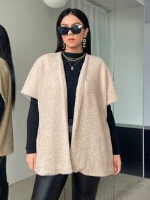 SHEIN Essnce Plus Batwing Sleeve Open Front Teddy Coat Without Knit Top - Apricot - View 5