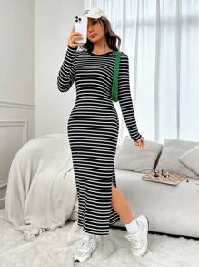 SHEIN EZwear Striped Print Split Thigh Dress - Black and White - View 4