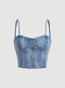 SHEIN MOD Button Front Bustier Cami Denim Top - Light Wash - View 1