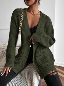 EMERY ROSE Solid Dual Pockets Ribbed Knit Drop Shoulder Cardigan,Long Sleeve Tops Fall Winter Cloth For Women - Green - View 4