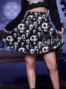 Corpse Bride | ROMWE 骷髏印花半身裙 - 黑與白 - 查看 3