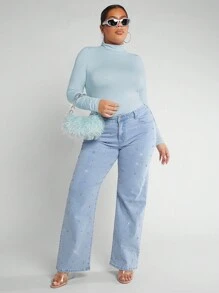 大碼高腰牛仔喇叭褲 - 淺色水洗藍 - 查看 3