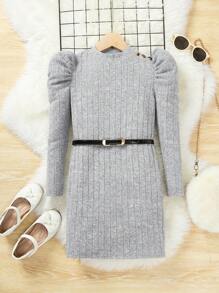 SHEIN Tween Girl Mock Neck Gigot Sleeve Dress Without Belt - Light Grey - View 1