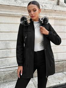 EURMUSE Drawstring Waist Fuzzy Trim Hooded Parka Coat - Black - View 3