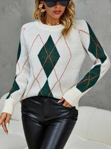 SHEIN LUNE Argyle Pattern Raglan Sleeve Sweater Knit Pullover Fall Winter Outfit - White - View 4