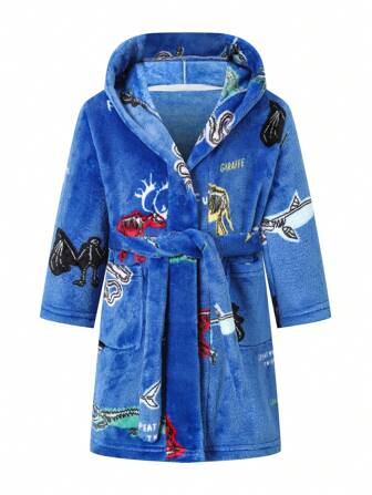 Young Boy Cartoon Embroidery Hooded Belted Flannel Robe