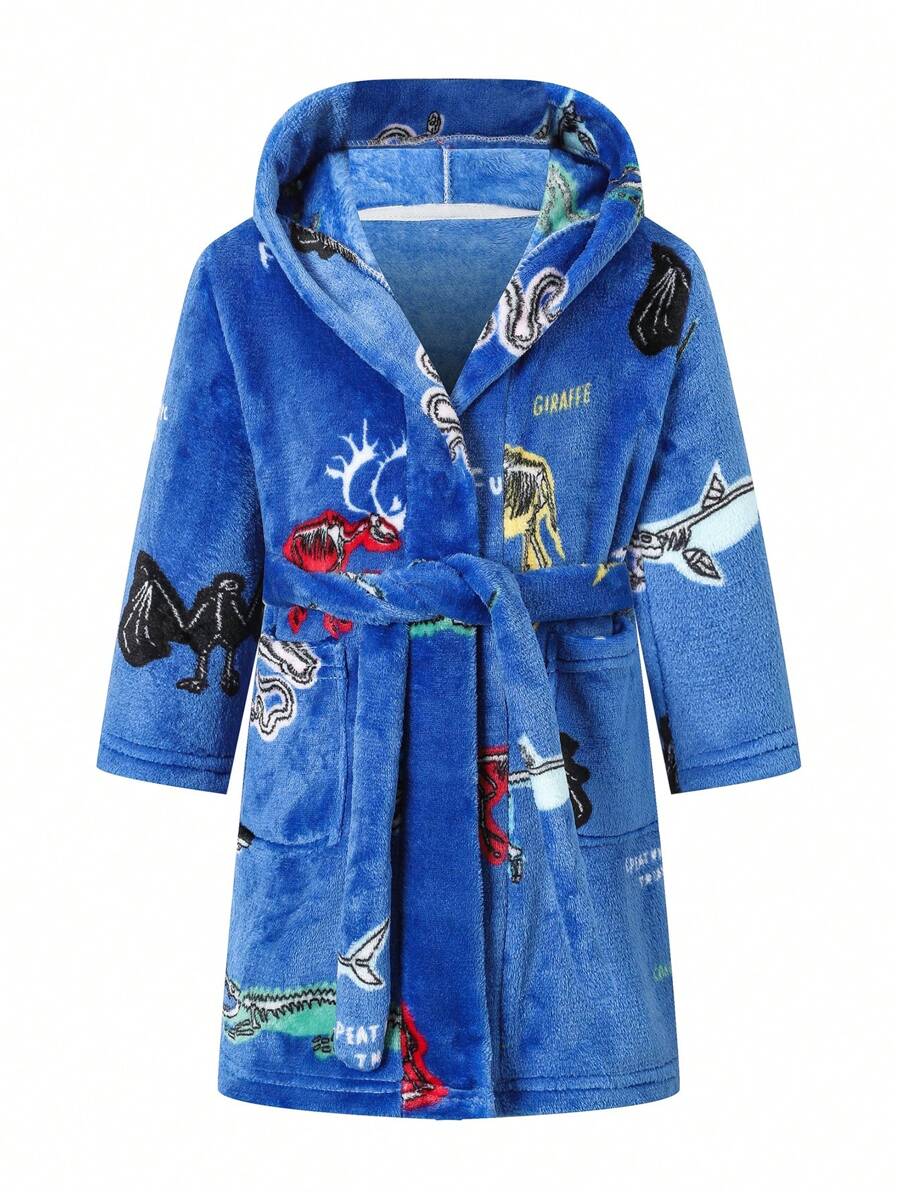 Young Boy Cartoon Embroidery Hooded Belted Flannel Robe - Blue - View 1
