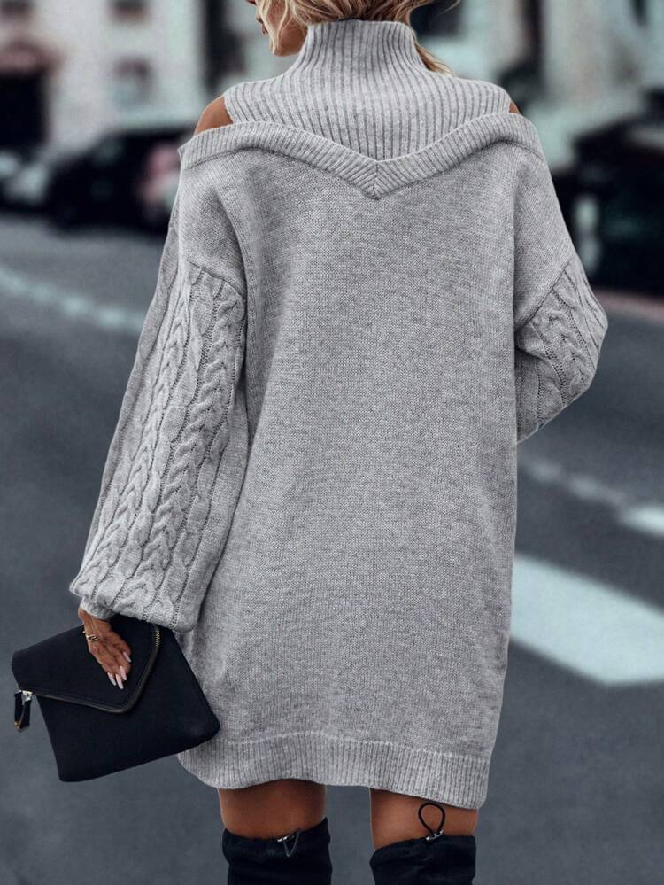 Cold Shoulder Cable Knit Lantern Sleeve Sweater Dress Fall Winter Cloth For Women