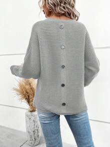 EMERY ROSE 纽扣后背蝙蝠袖针织套头衫秋冬毛衣 - 淺灰色 - 查看 2