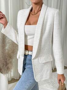 Ellegaria. Shawl Collar Flap Detail Open Front Blazer Fall Cloth For Women - White - View 4
