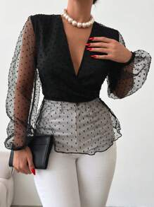 EURMUSE Contrast Mesh Lantern Sleeve Peplum Blouse - Black - View 4