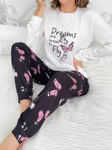 蝴蝶和標語圖案睡衣套裝 - 白色 - 查看 1