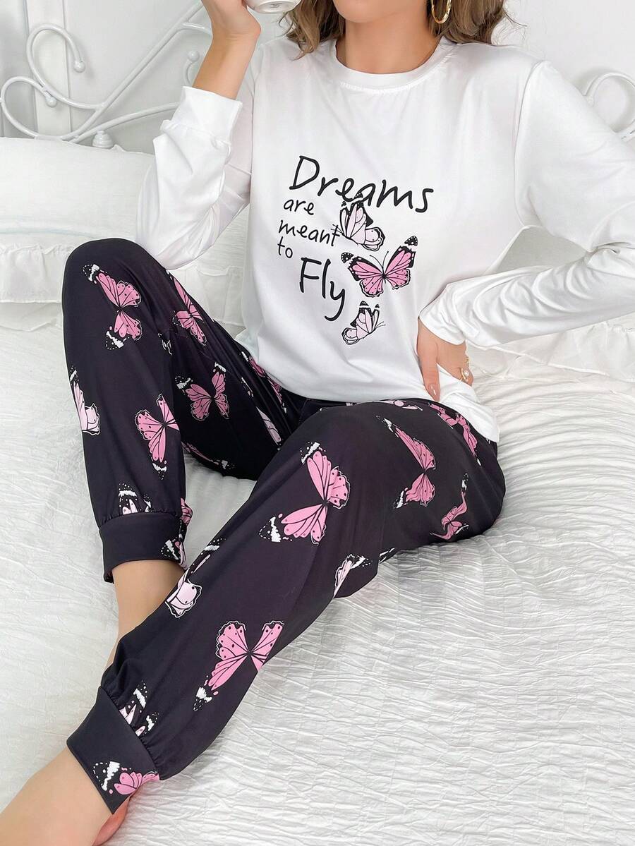 蝴蝶和標語圖案睡衣套裝 - 白色 - 查看 1