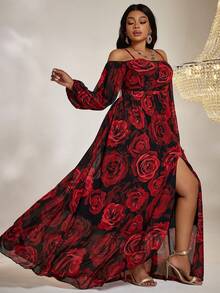 大碼印花一字肩高衩雪紡洋裝 - 紅色 - 查看 3