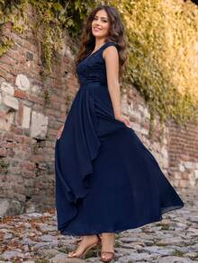 Ruffled Lace Bodycon Hem Evening Dress - Navy Blue - View 7