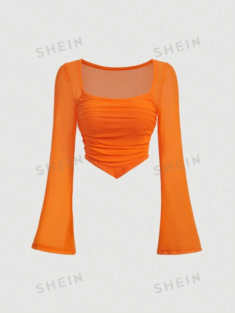 SHEIN MOD Camiseta de cuello cuadrado fruncido bajo hanky de malla