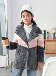 SHEIN Cô gái Tween Khối màu Túi Kép Cổ áo Áo khoác Teddy - Xám - Xem 5