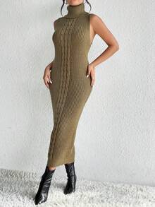 SHEIN Privé Áo len dệt kim cao cổ không có thắt lưng - Màu nâu  Mocha - Xem 4