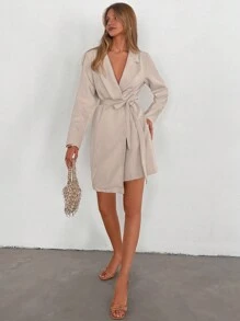 EURMUSE Lapel Neck Asymmetrical Hem Belted Dress - Camel - View 4