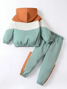 SHEIN 男小童撞色拉鏈開襟連帽夾克&拼接側邊接縫長褲 - 彩色 - 查看 2