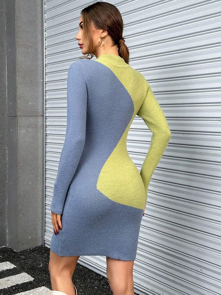 Two Tone Mock Neck Bodycon Sweater Dress