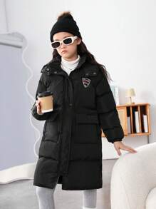 SHEIN Áo khoác đệm có túi vá chữ Tween Girl 1 mảnh - màu đen - Xem 3