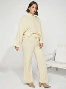 SHEIN BASICS Plus Drawstring Waist Flare Leg Knit Pants