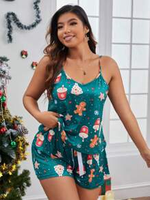 Plus Size Christmas Print Cami Top & Shorts PJ Set Gingerbread Pajamas - Green - View 2