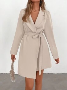 EURMUSE Lapel Neck Asymmetrical Hem Belted Dress - Camel - View 5