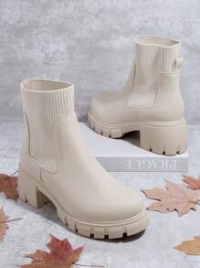 SHUZIA 人造皮革一腳蹬溝紋鞋底切爾西靴 - 米色 - 查看 2