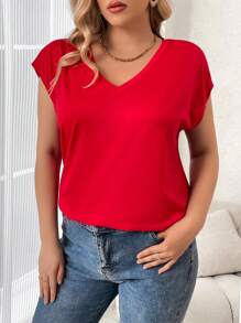 Vionelle Plus Solid Batwing Sleeve V Neck Tee For New Year Clothes - Red - View 5