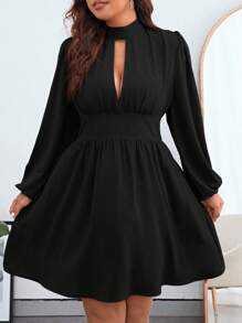 SHEIN Privé 大碼前鏤空燈籠袖洋裝 - 黑色 - 查看 3