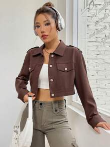 SHEIN EZwear Cazadora crop con diseño de solapa - Marrón - Ver 5