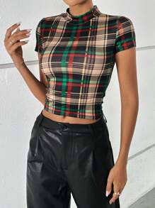 SHEIN Privé 小高領合身格子花呢tee - 彩色 - 查看 1