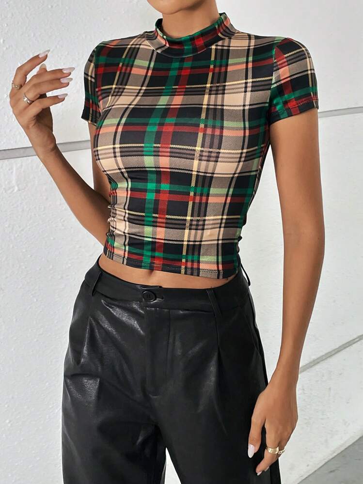SHEIN Privé เสื้อยืด คอตั้งทรงสูง ทรงฟิต ลายทาร์ทัน - มัลติคัลเลอร์ - ดู 1