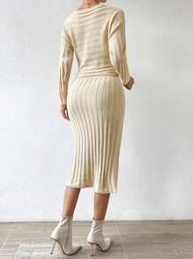 Chiquease 蝙蝠袖束帶毛衣洋裝 - 米色 - 查看 2