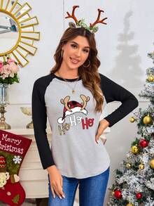 SHEIN EZwear In Giáng sinh Tay Raglan Áo thun - Màu Xám nhạt - Xem 3