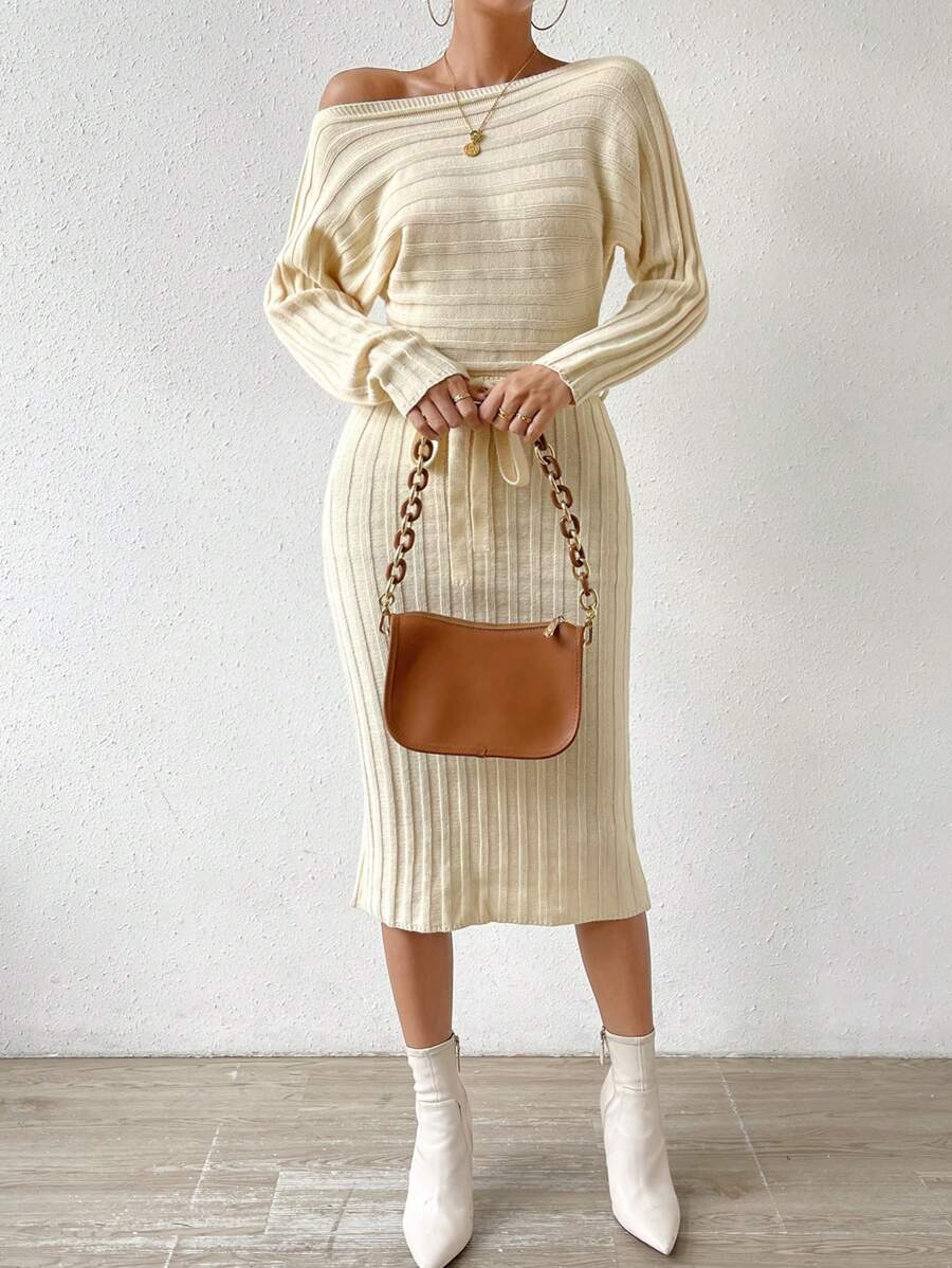 Chiquease 蝙蝠袖束帶毛衣洋裝 - 米色 - 查看 1