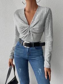 EURMUSE 前扭結條紋針織T恤 - 灰色 - 查看 2