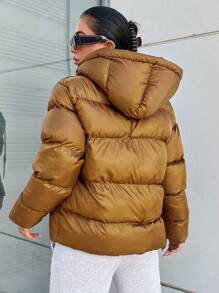 RueChic Zip Up Drawstring Hooded Puffer Coat - Brown - View 2