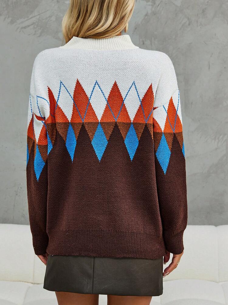Argyle Pattern Drop Shoulder Knit Pullover Fall Winter Sweater