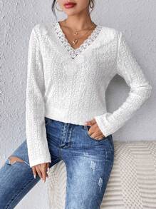 SHEIN Frenchy Guipure Lace Trim Tee - White - View 1