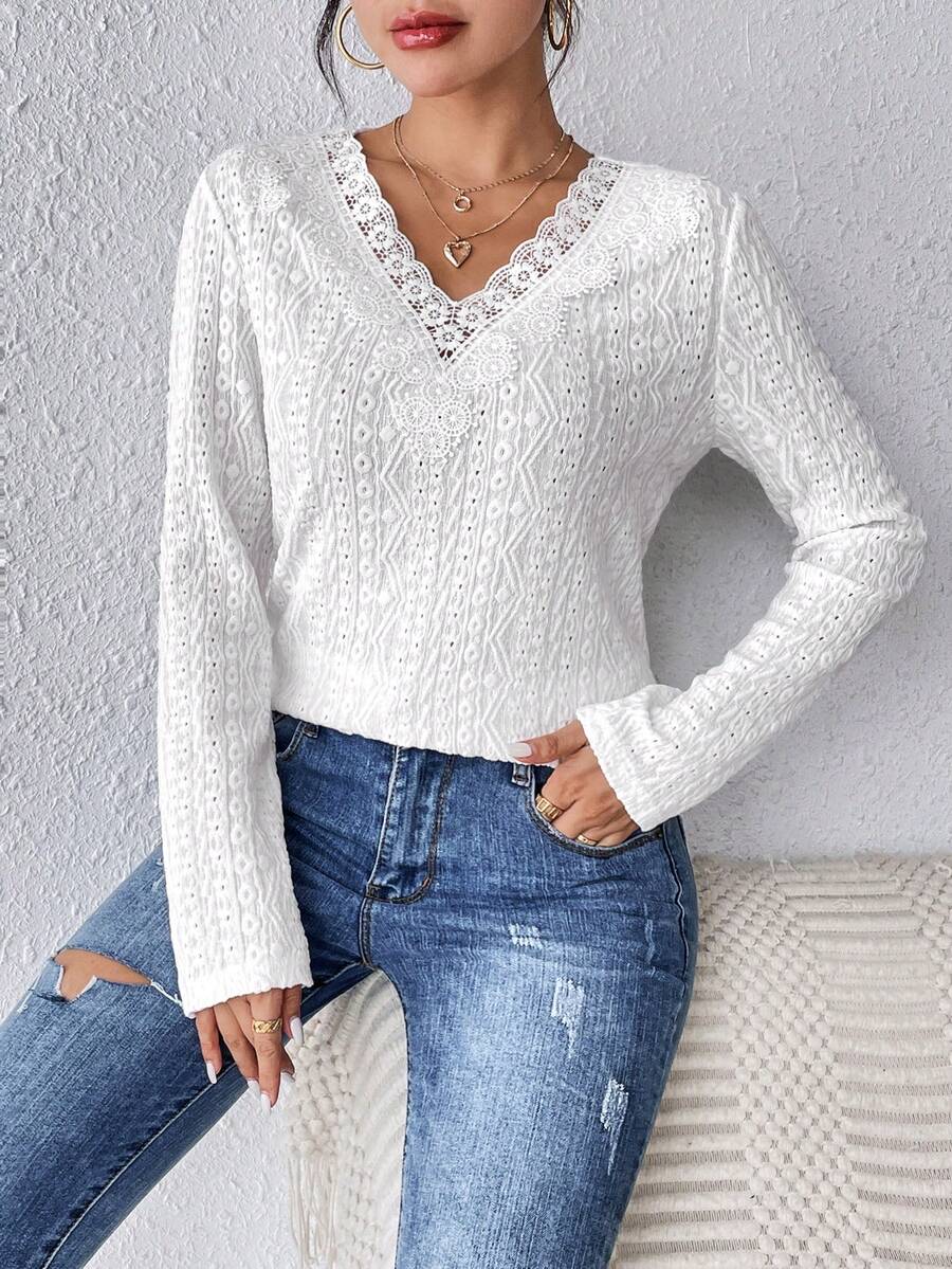 SHEIN Frenchy Guipure Lace Trim Tee - White - View 1