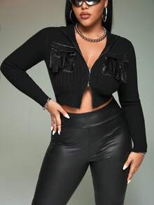 SHEIN ICON 大碼翻蓋口袋拉鏈開襟短款開衫 - 黑色 - 查看 6