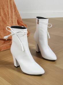 2024春夏秋冬时尚尖头粗跟短靴，韩版女式踝靴，高跟鞋 - 白色 - 查看 5