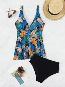 Swim Lushoire Summer Tropical Print Ruffle Hem Tie Back Dress Swimsuit - Multicolor - View 3